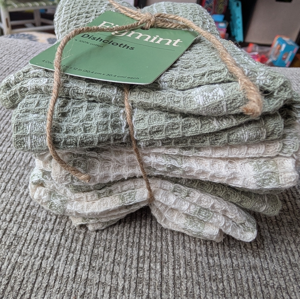 Figment Set Of 4 Dishcloths 100% Cotton Sage Green Cream 12x12" NWT - Picture 2 of 4